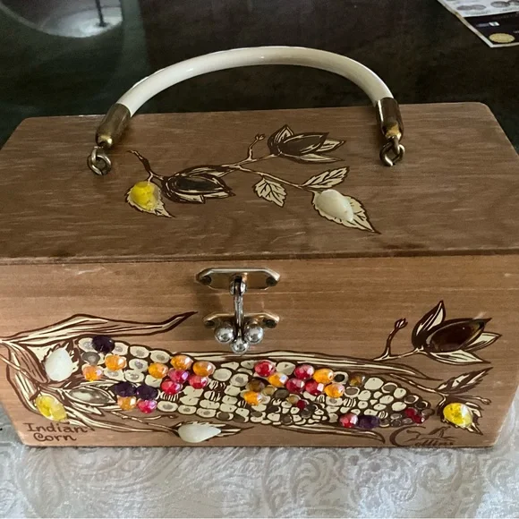 Vintage Enid Collins Texas Indian Corn Wood Box Purse Signed Mirror Inside - Picture 15 of 16